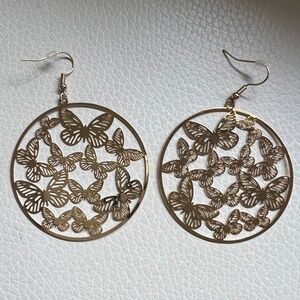 New I AM Large Gold Tone Filigree Butterfly Collage Circle Dangle Earrings